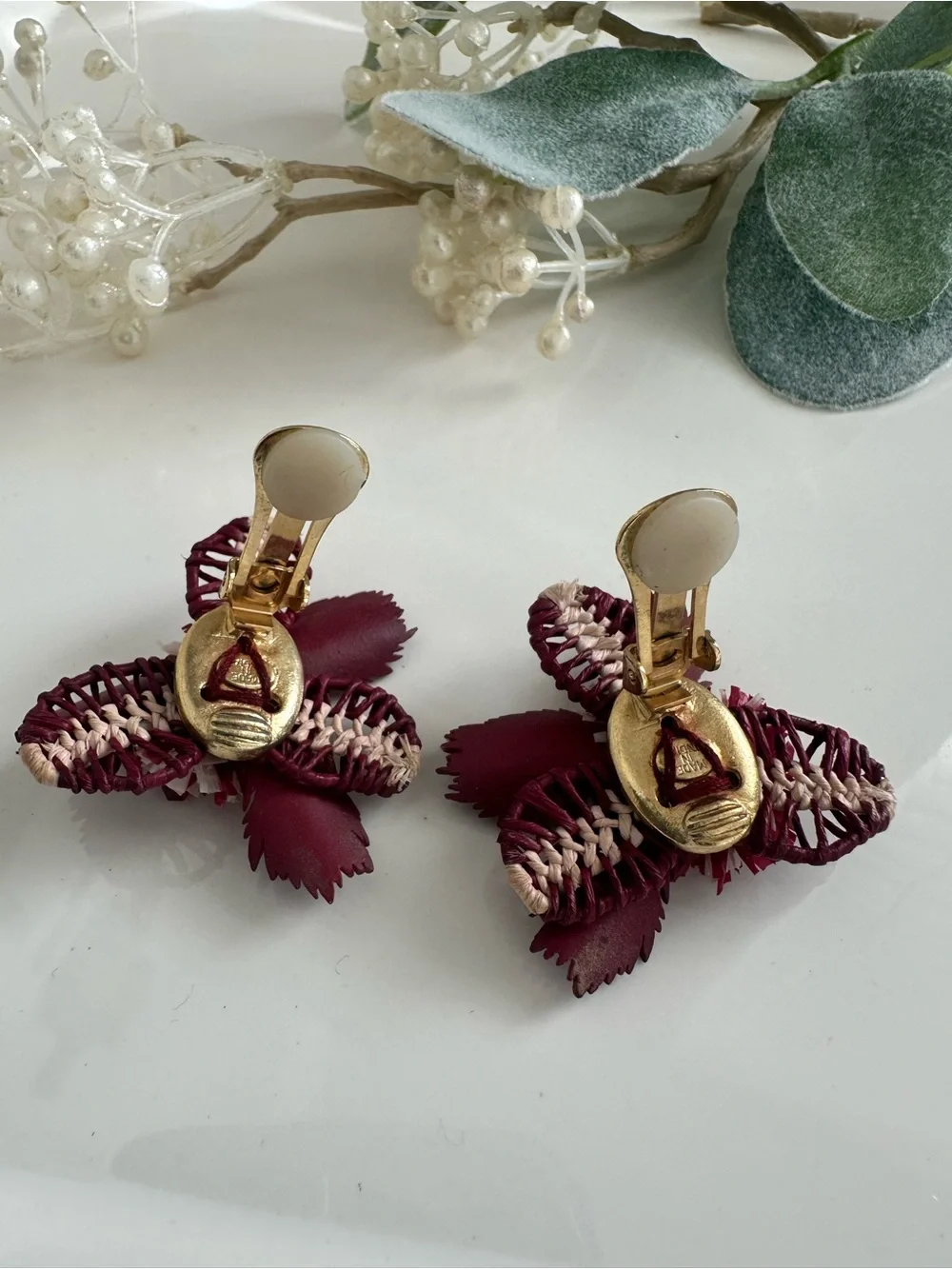 Oscar de la Renta Tropical Flower Earrings Burgundy Red Clip On